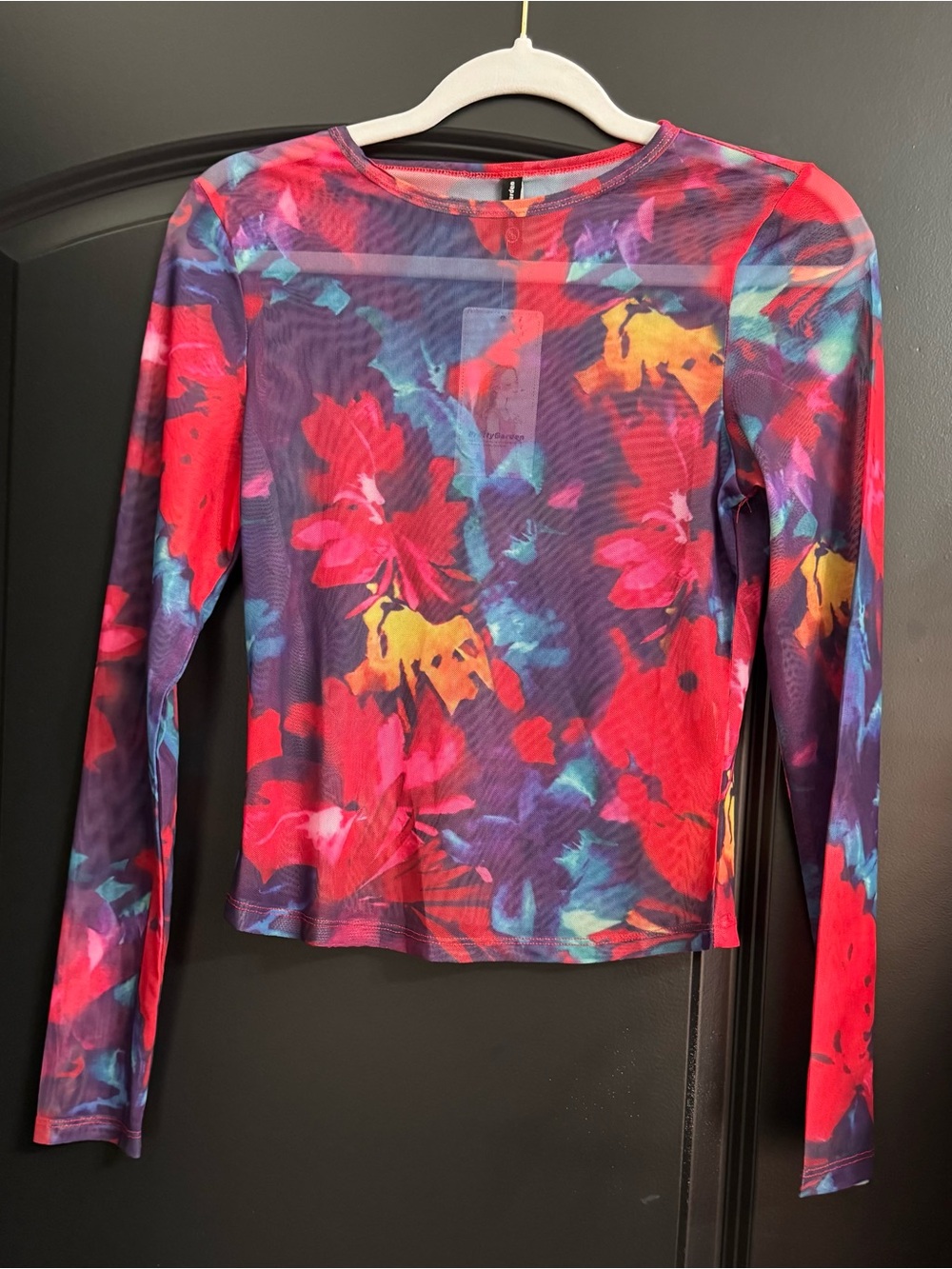 New with Tags Pretty Garden brand Vibrant Floral Sheer Mesh Top - Long Sleeve